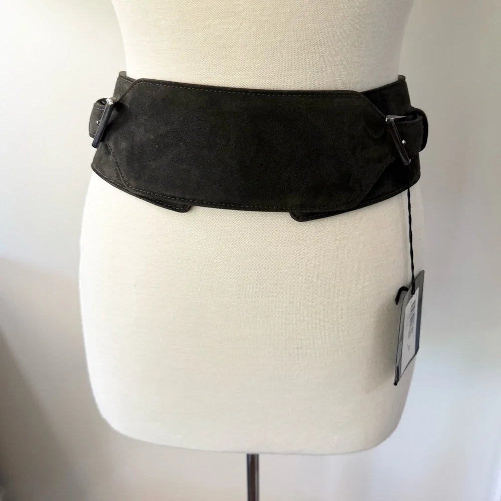 Costume National Grey Double Buckle Wide Suede Belt Size 44